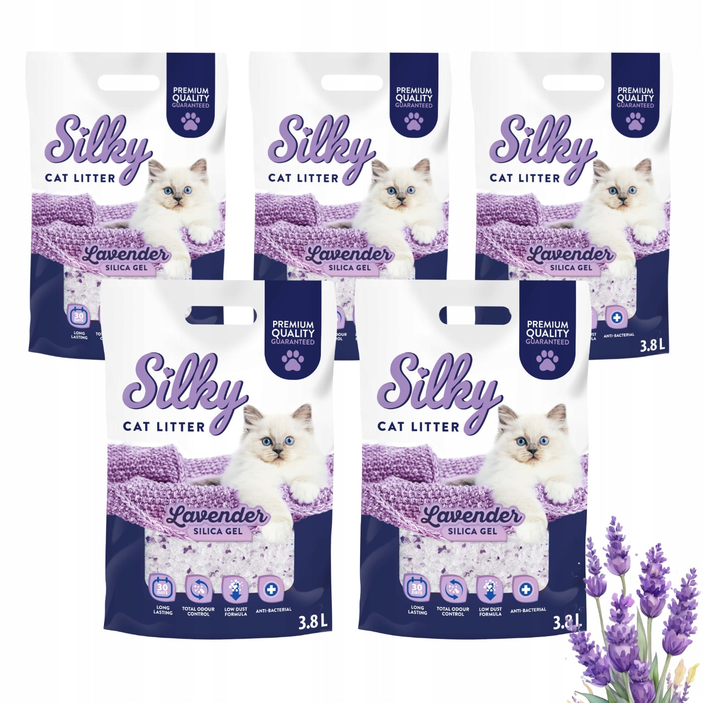 Silicone litter for cats dust-free SILKY Lavender 3,8l set of 5