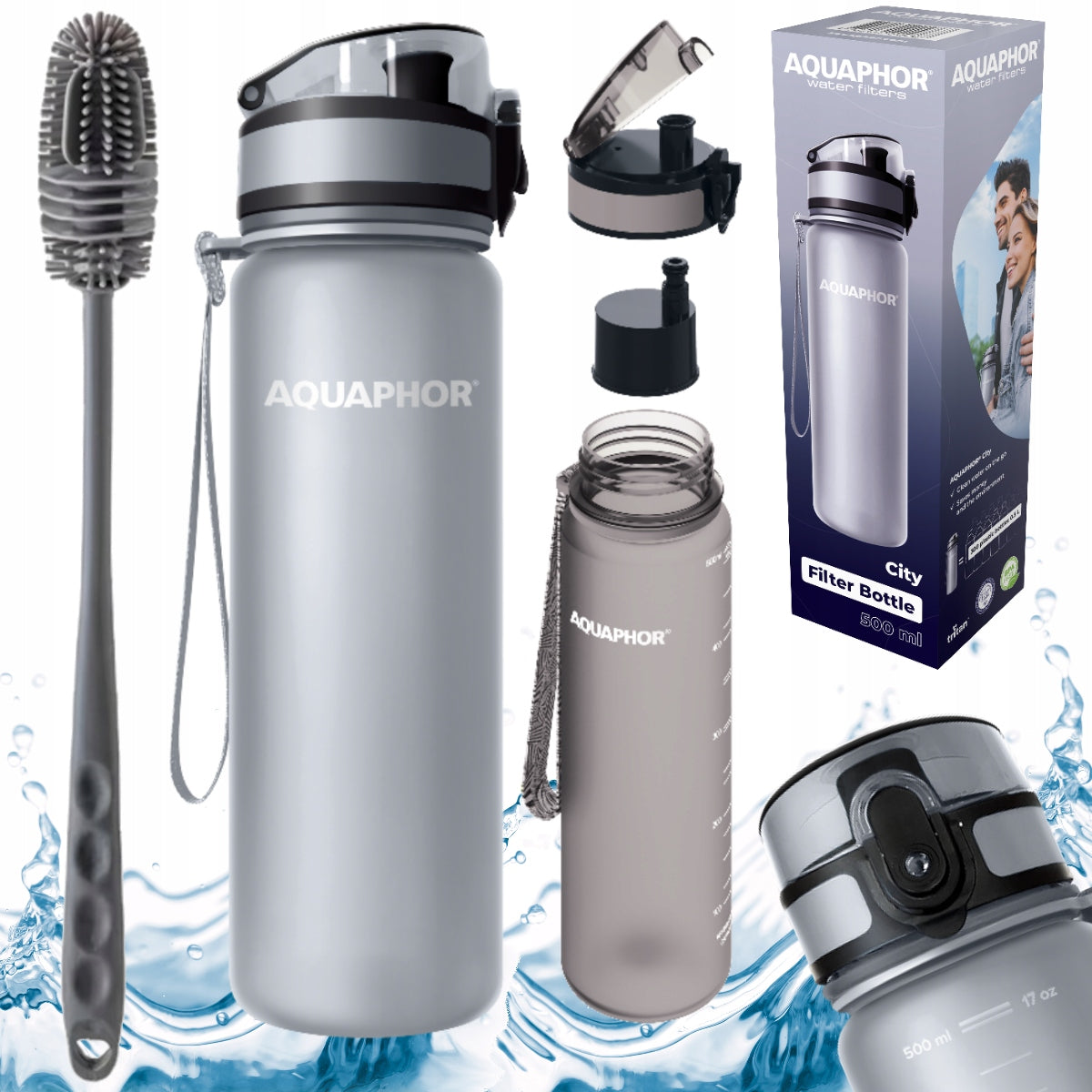 Silicone toothbrush set + Filter bottle AQUAPHOR CITY 0,5 L grey