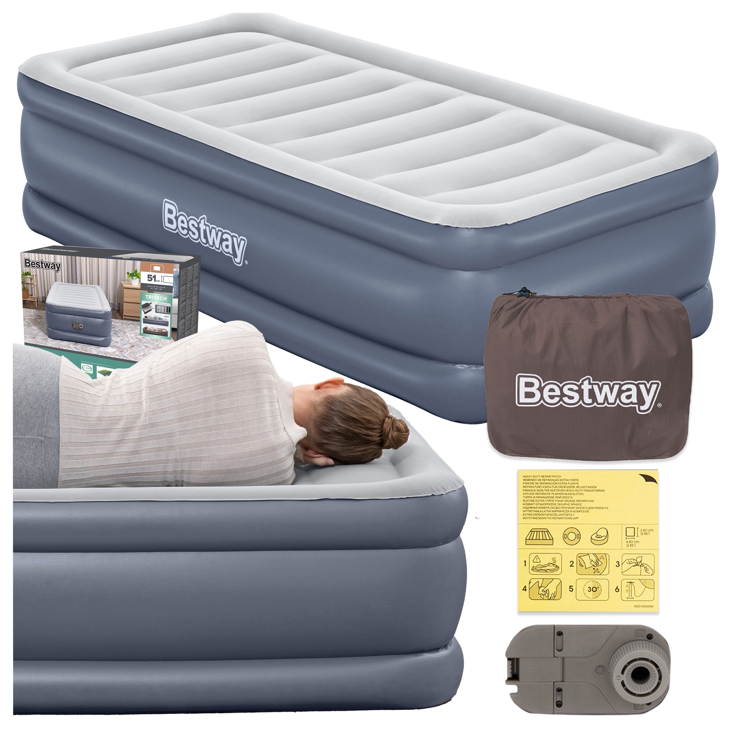 Single inflatable mattress 191x97x51 Bestway 6713G with built-in pump Manufacturer code 6713G