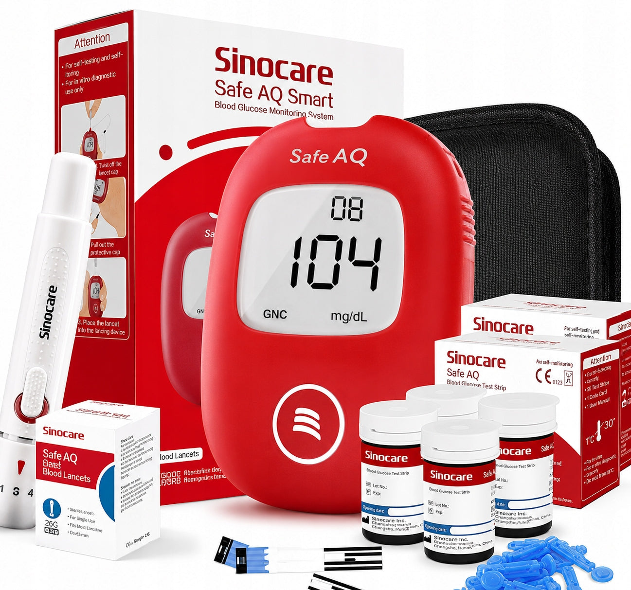 Sinocare SAFE AQ SMART glucose meter in mg/dl with 100 strips and 100 lancets