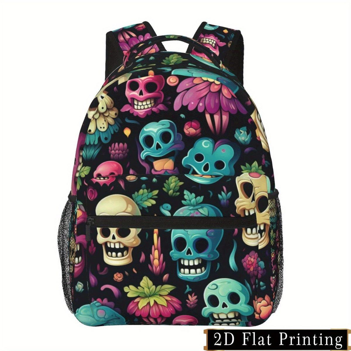 Skull Print Backpack with Multiple Compartments for School