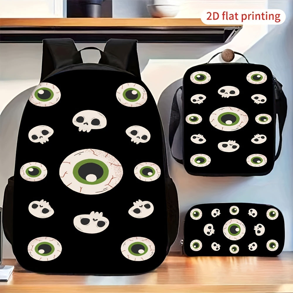 Skull and Eyeball Pattern 3-Piece Backpack and Crossbody Bag Set