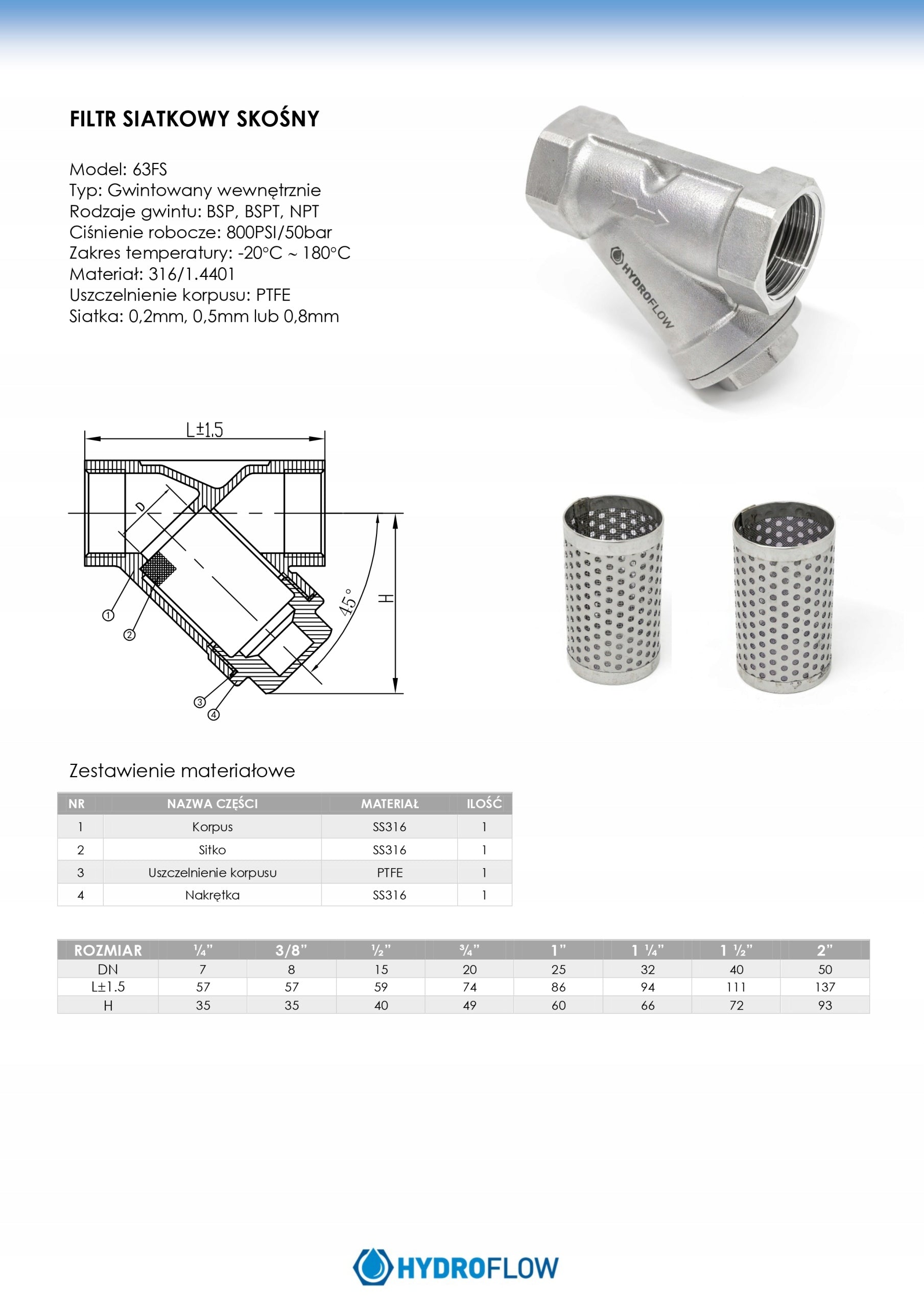Slanted mesh filter GW 3/4" 0,2mm DN20 SS316 stainless Brand HydroFlow.pl