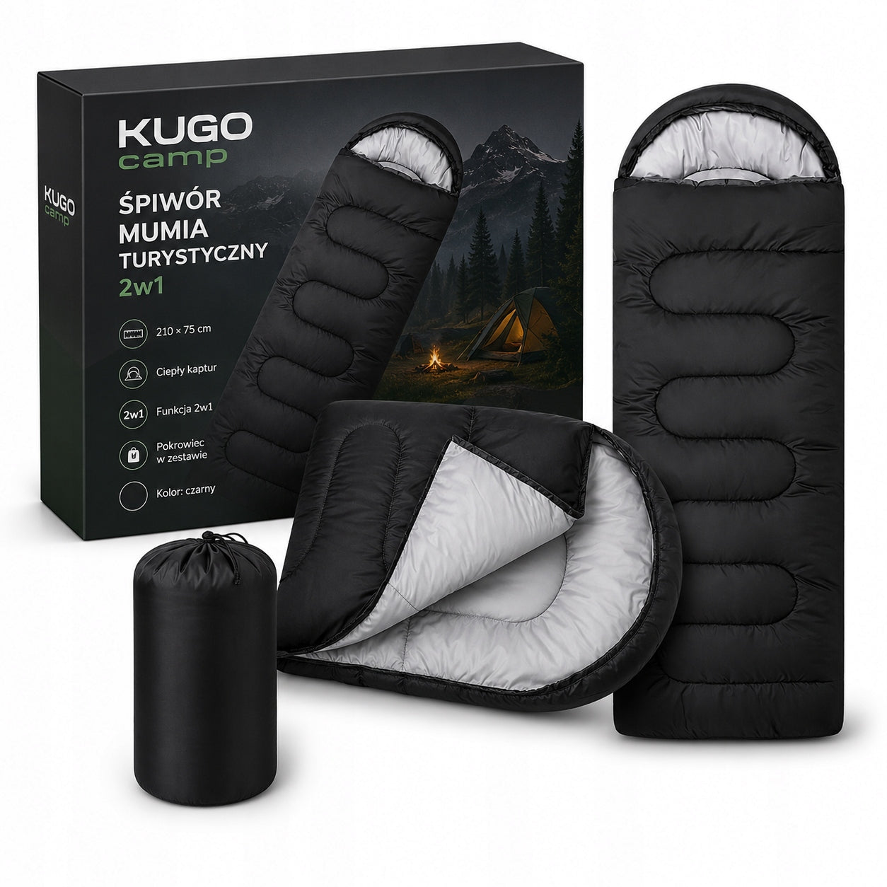 Sleeping Bag Mummy Tourist 2in1 210×70cm Warm Hood Quilt Cover Black