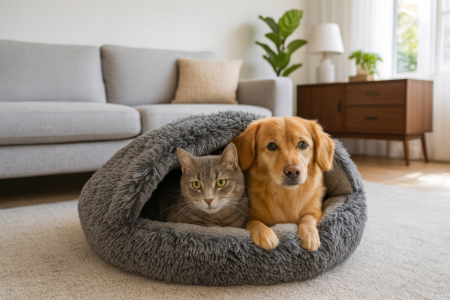 Sleeping bag bed 80 cm – for dog and cat Warm, round. Shaggy / Boucle Model LEG-ŚPIW-80-GRAFIT