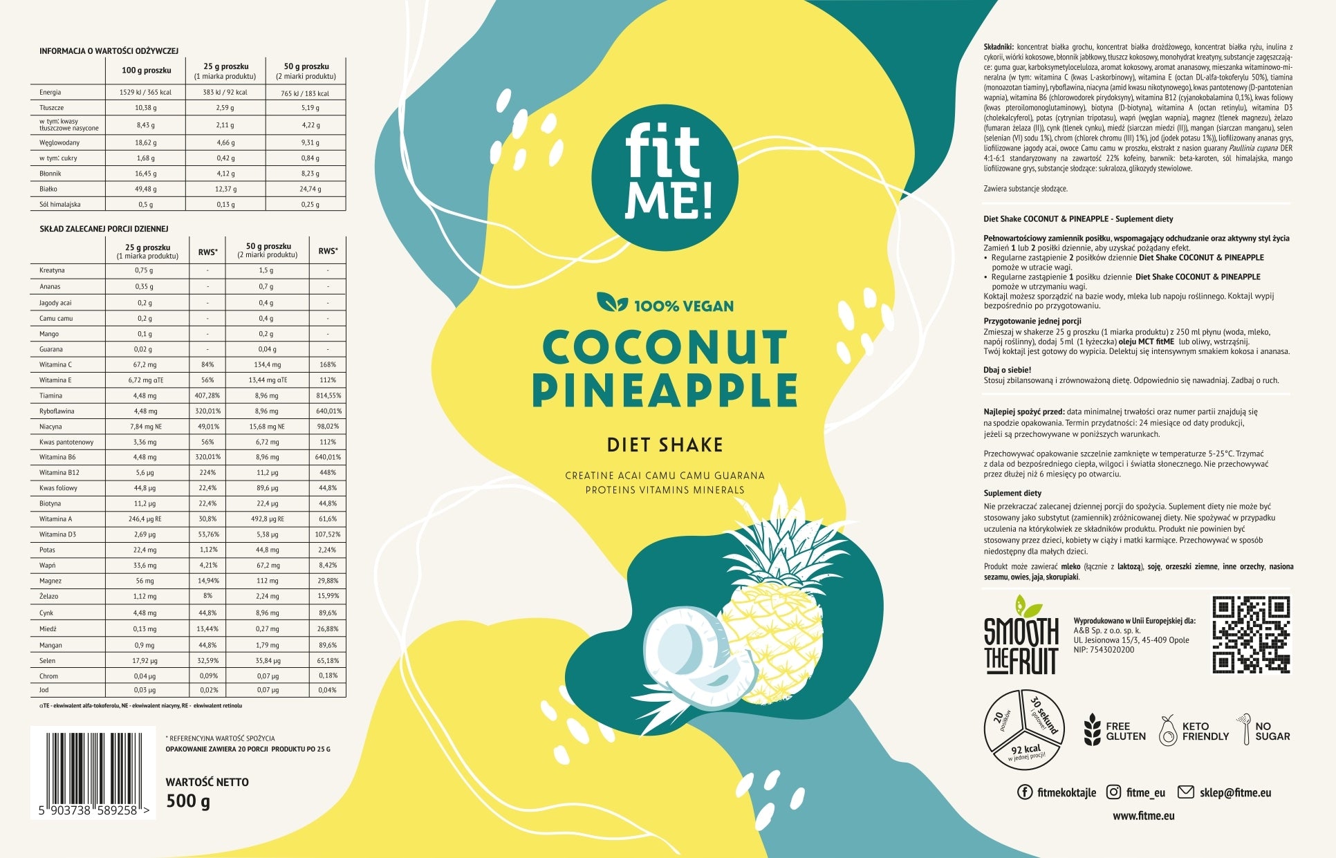 Slimming protein cocktail fitME coconut-ananas 500g whey protein supplement Expiration date at least 1 year from the date of purchase
