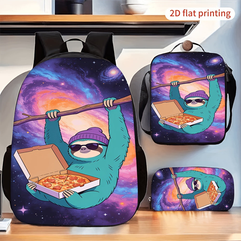 Sloth and Pizza Print Backpack Set with Lunch Bag