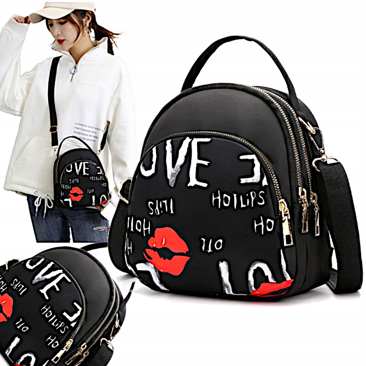 Small Backpack Women's Shoulder Bag 2in1 Black School City Backpack