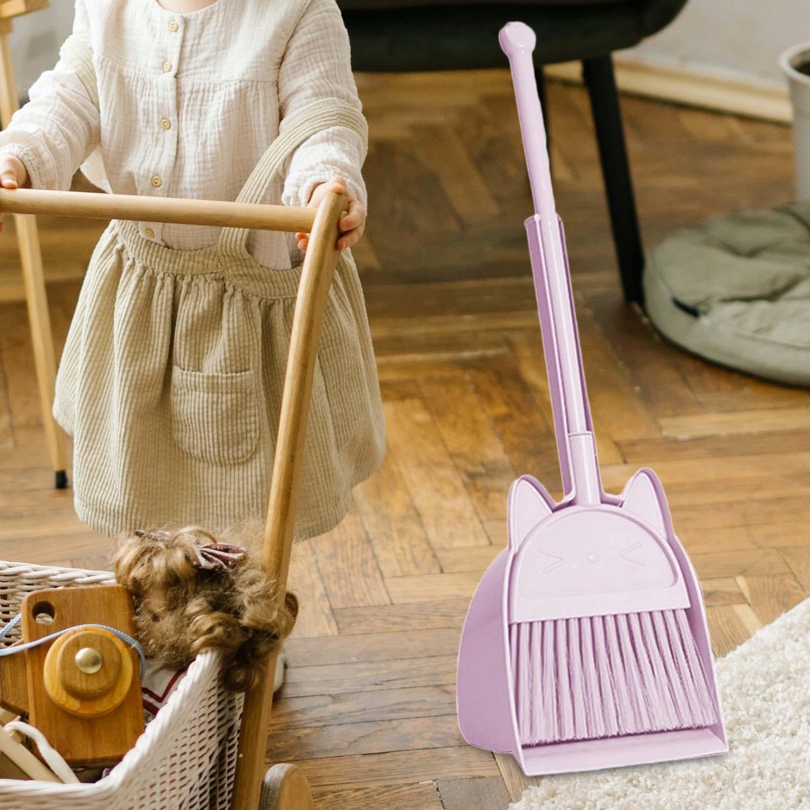 Small Broom and Dustpan Set,Kids Cleaning Sweeping Play Set, Pink Violet