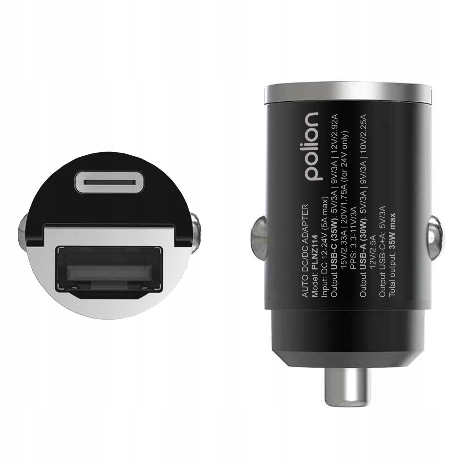 Small Fast Car Charger POLION USB-A USB-C 35W QC3.0 PD 3A Cable length 0 m