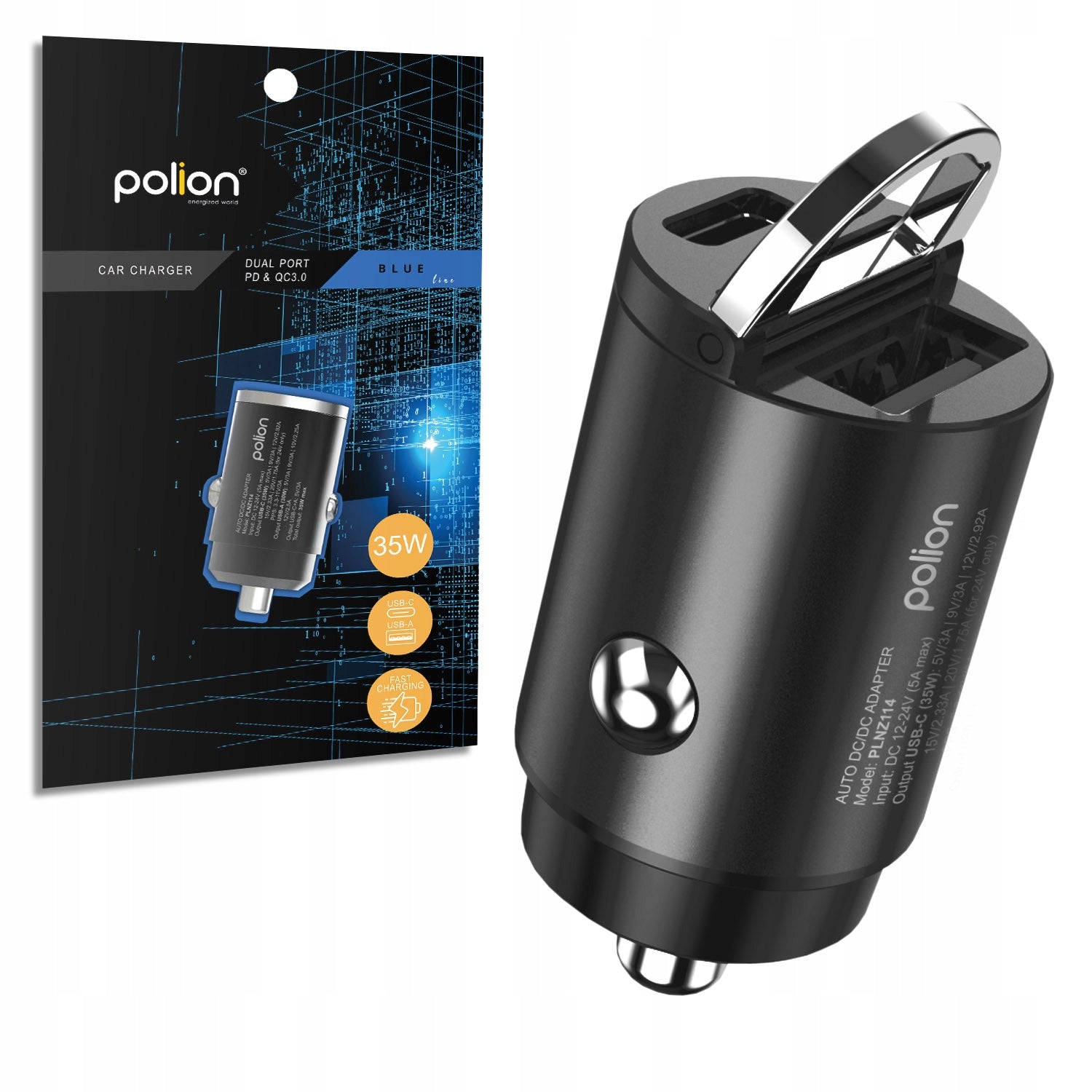 Small Fast Car Charger POLION USB-A USB-C 35W QC3.0 PD 3A