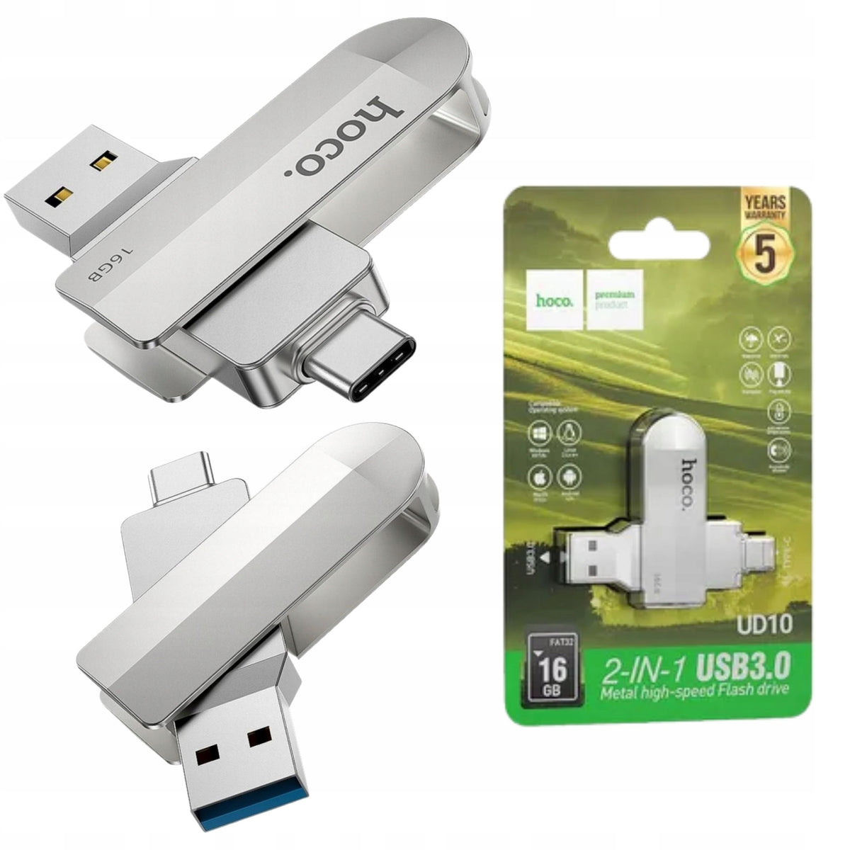 Small Fast USB Flash Drive 2in1 16GB USB 3.0 (USB A + USB C) Hoco UD10 silver