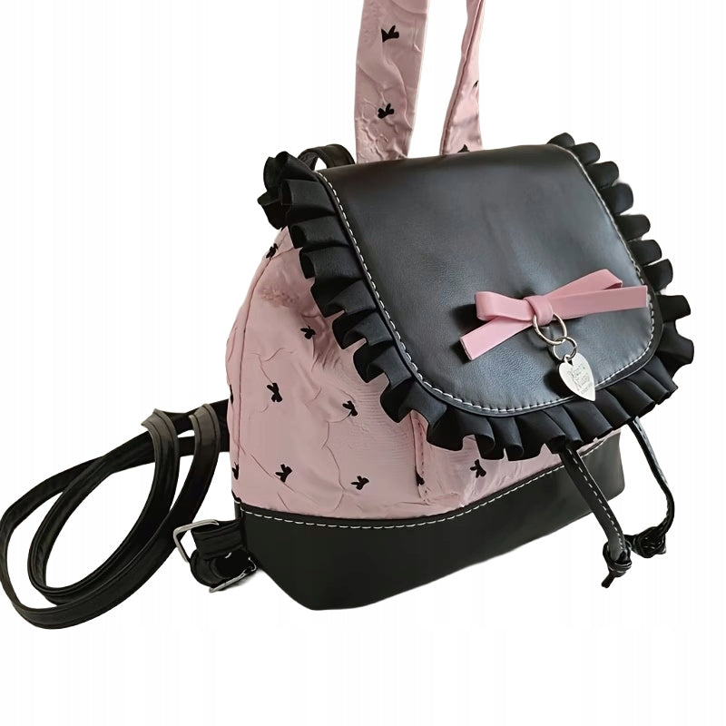 Small Korean Style Backpack Pink Black with Bow Brand no brand