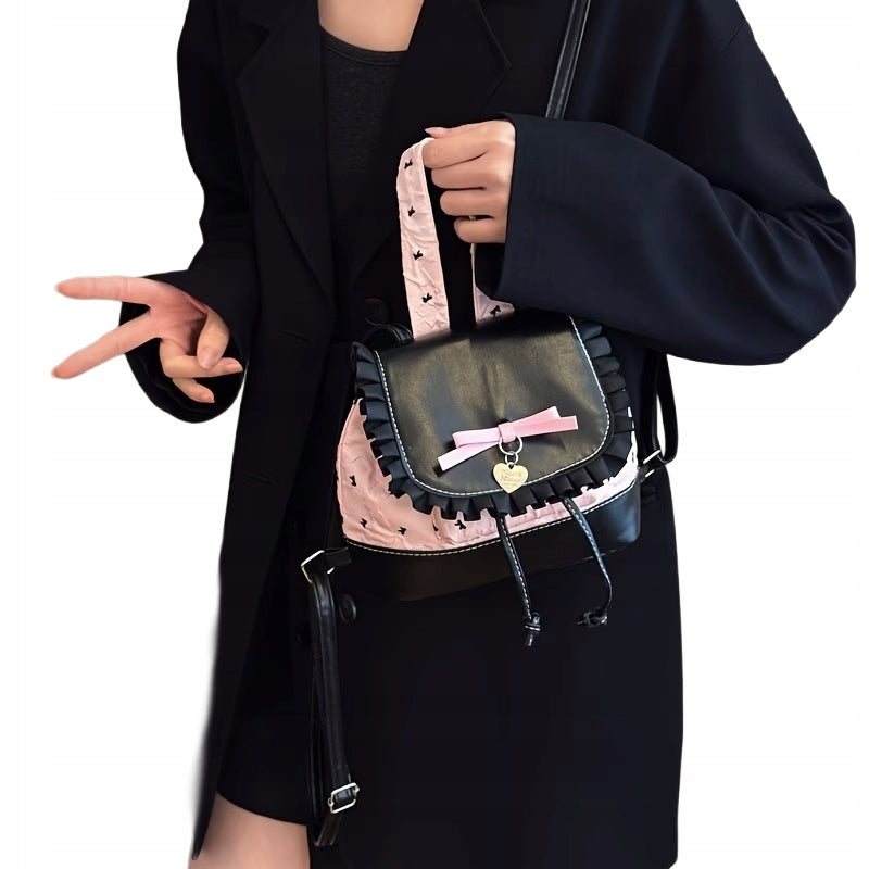 Small Korean Style Backpack Pink Black with Bow Packaging status original