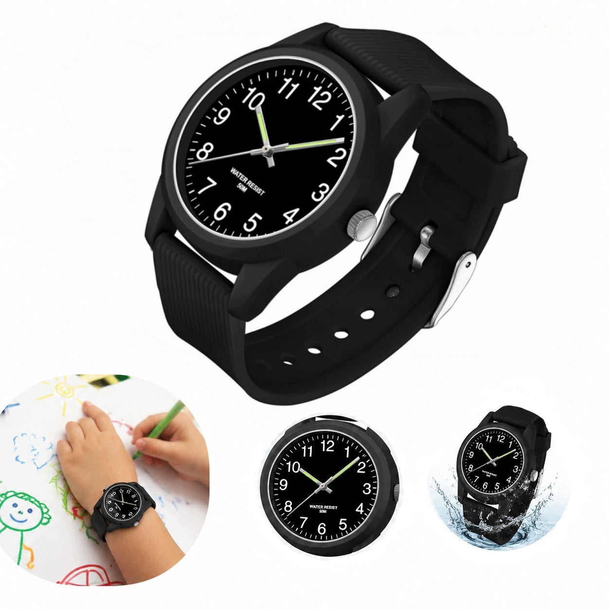 Small dateless school watch with silicone strap in cardboard set