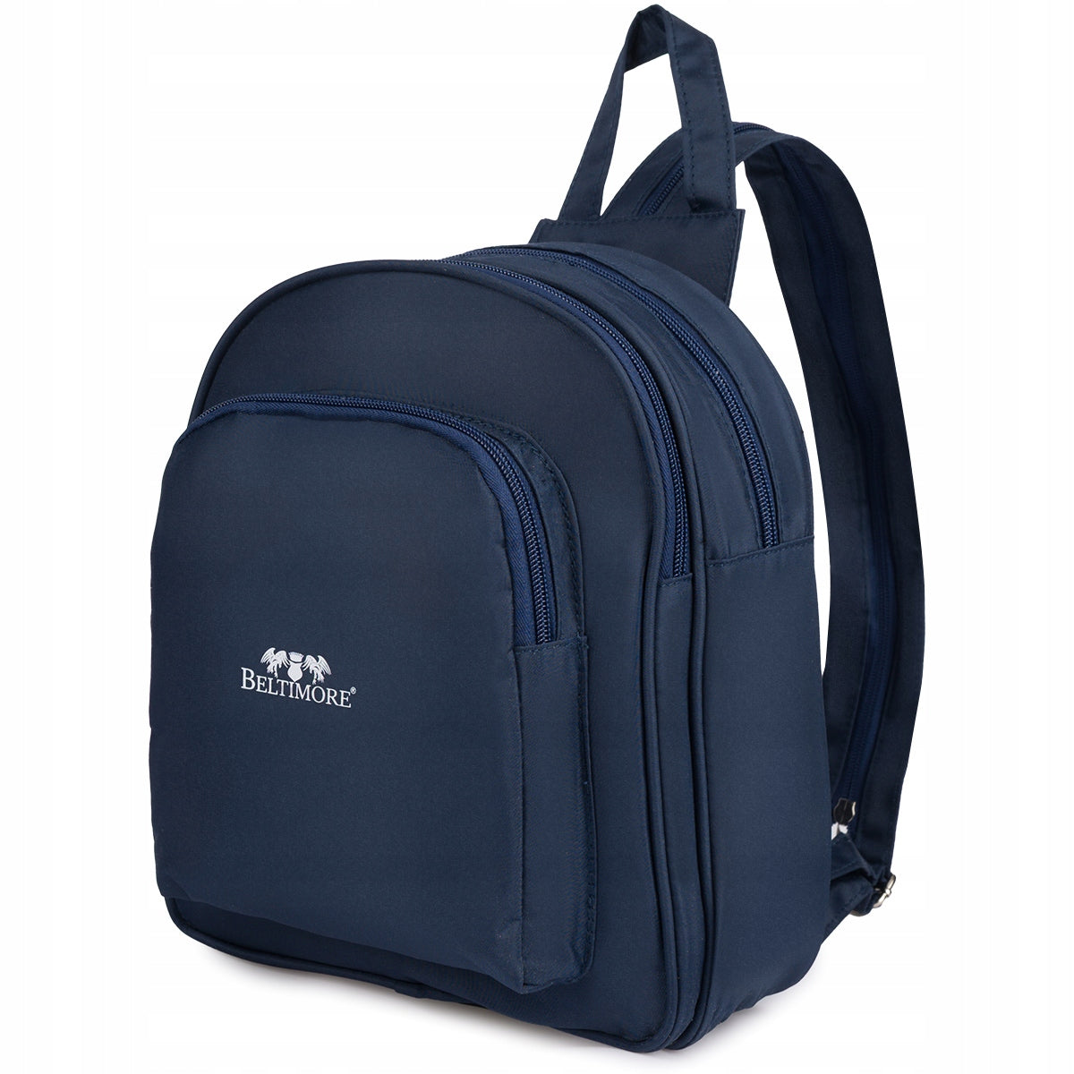 Small women's synthetic backpack navy blue three-chamber, light 27x24 cm