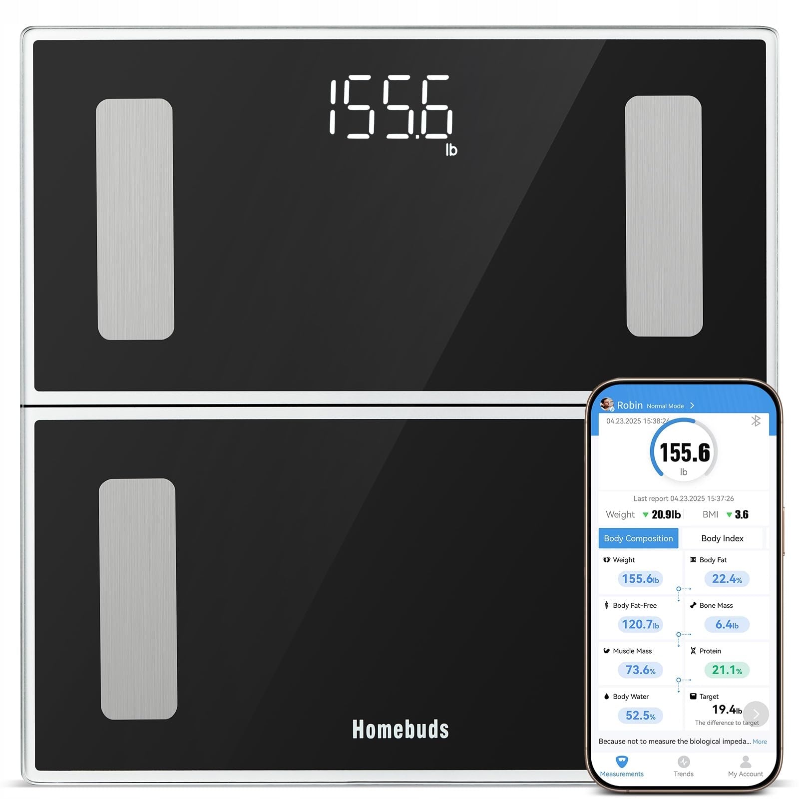 Smart Bathroom Scale With LED App Black Homebuds HB917