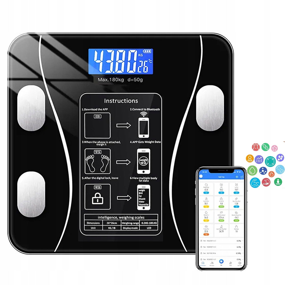 Smart Bathroom Scale with Bluetooth, 180kg, Weight, Muscle Mass BMI (Black)