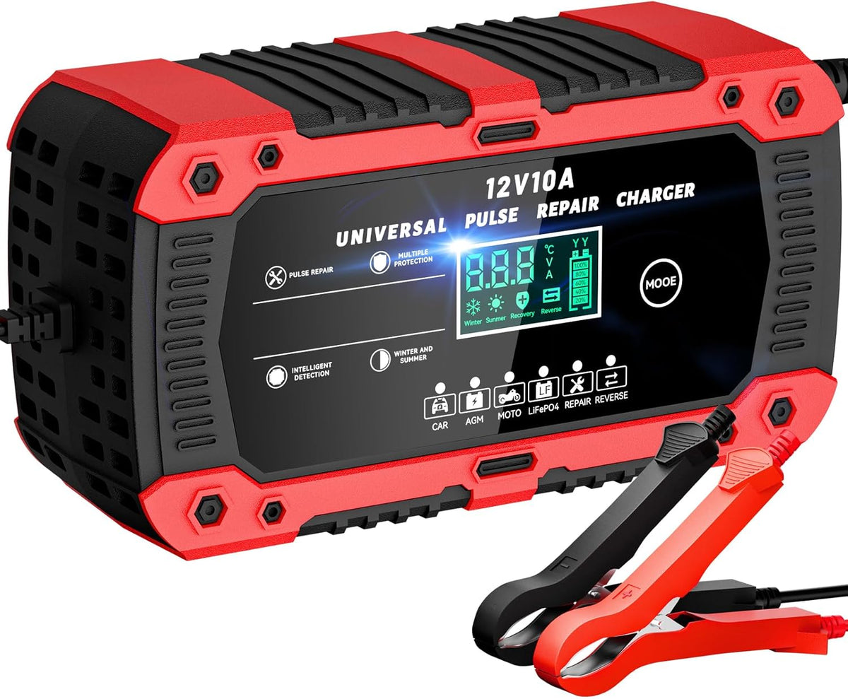 Smart Battery Charger 10A 12V with LiFePO4 Mode, Pulse Repair for Auto