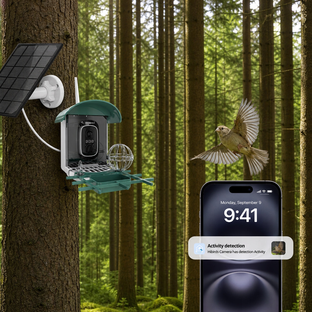 Smart Bird Feeder Camera 2K WiFi Solar IP65 AI PIR Packaging status original