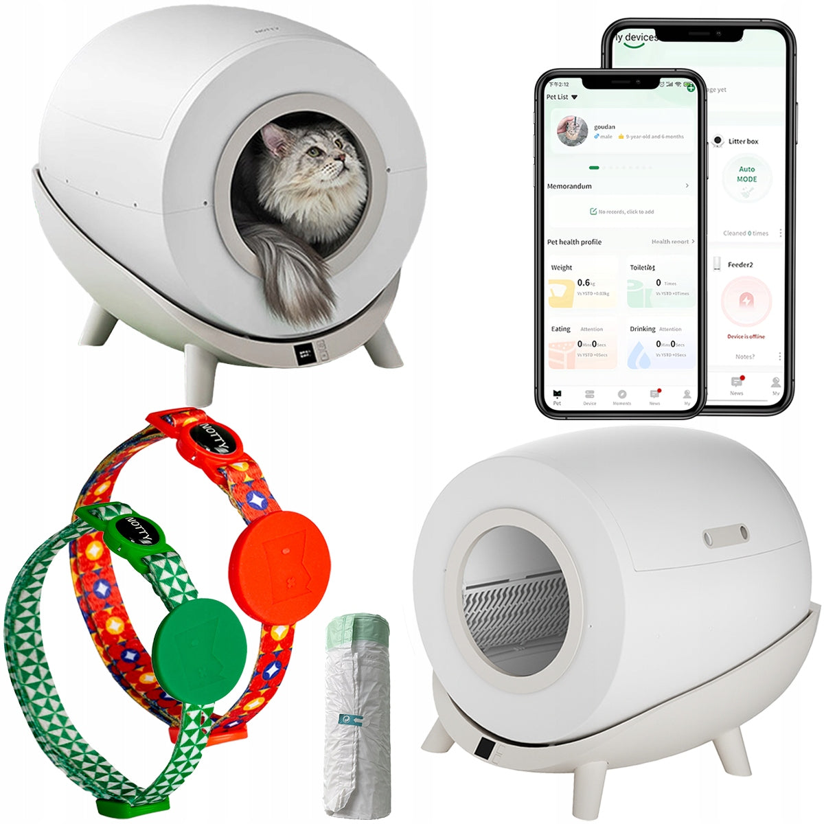 Smart Cat Cuvette Self-Cleaning + Two Collars with Chip + Bags Packaging status original
