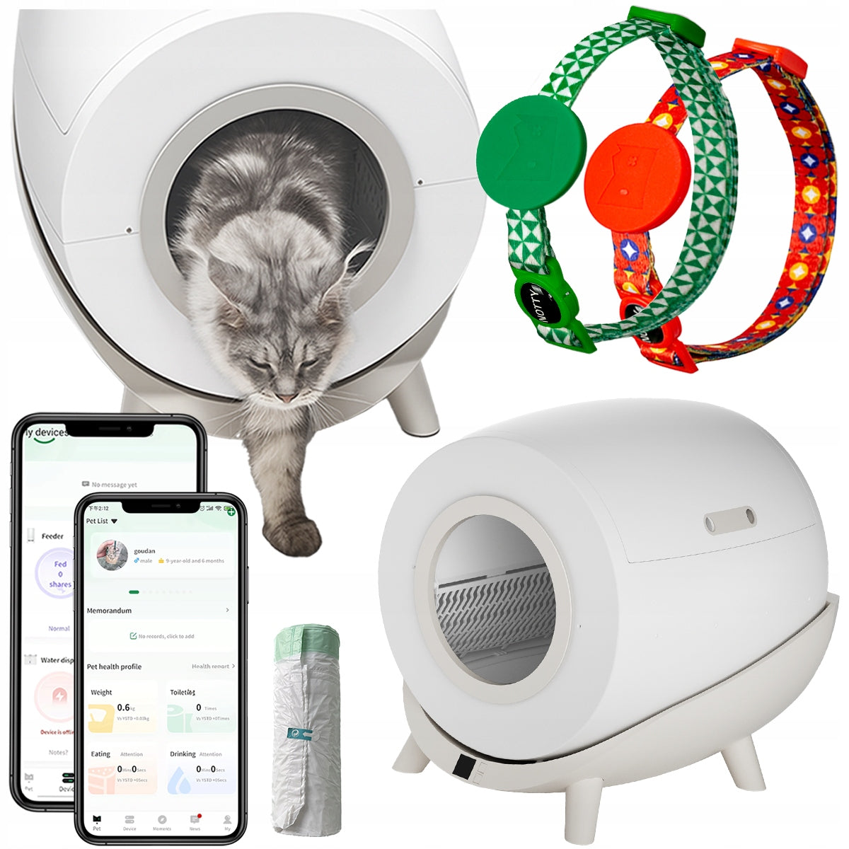 Smart Cat Cuvette Self-Cleaning + Two Collars with Chip + Bags