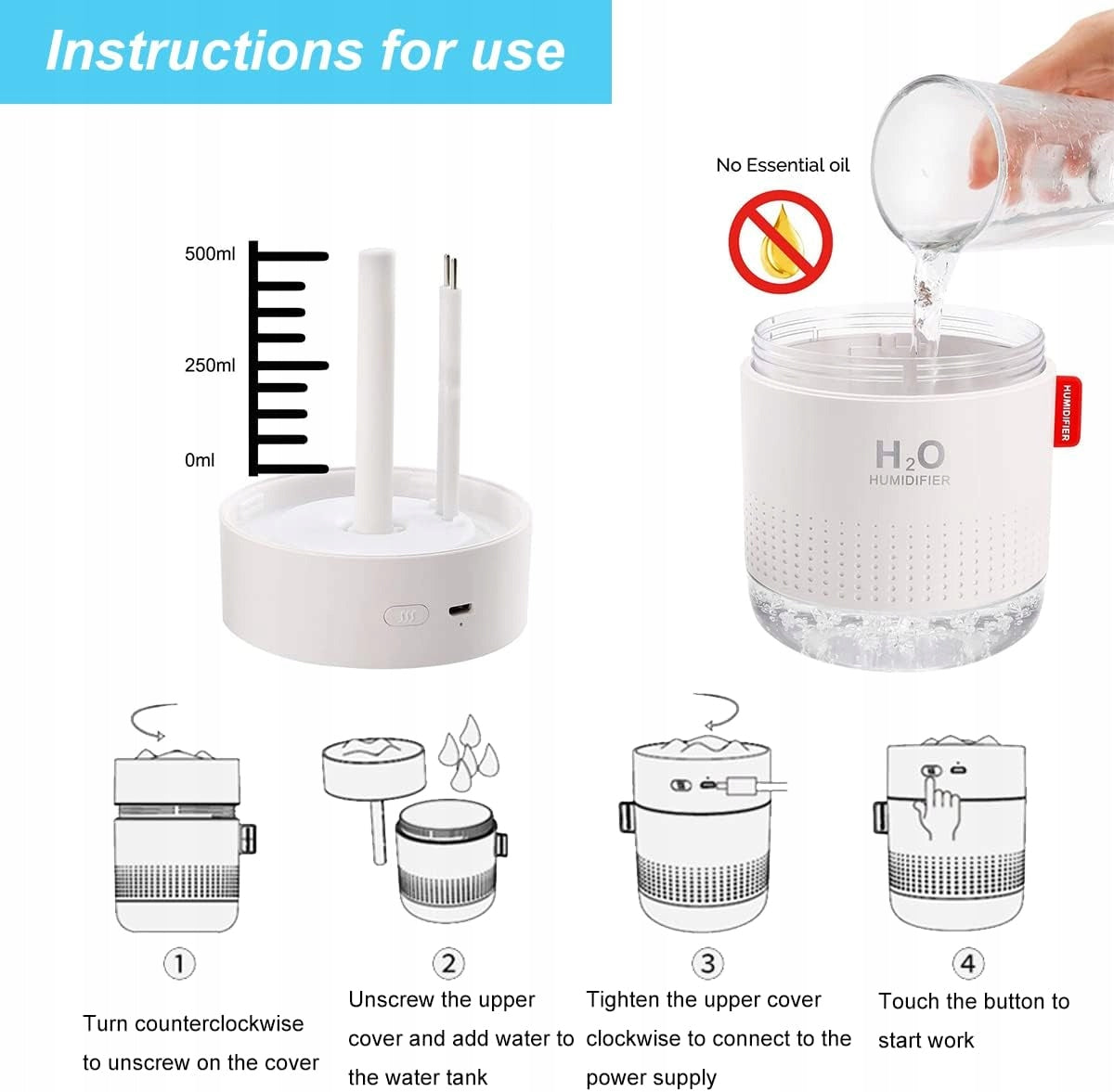 Smart humidifier for bedroom 500 ml Type steam humidifier