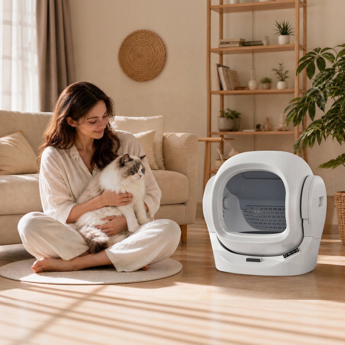 Smart litter box, 68 liters, self-cleaning, quiet operation.