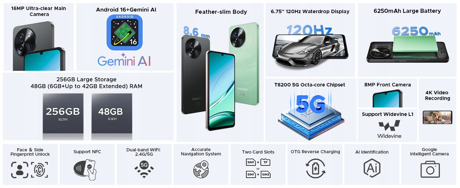 Smartphone 5G DooGee NOTE59PRO 6/256GB 120Hz 6.75" HD+ Android NFC Charger included yes
