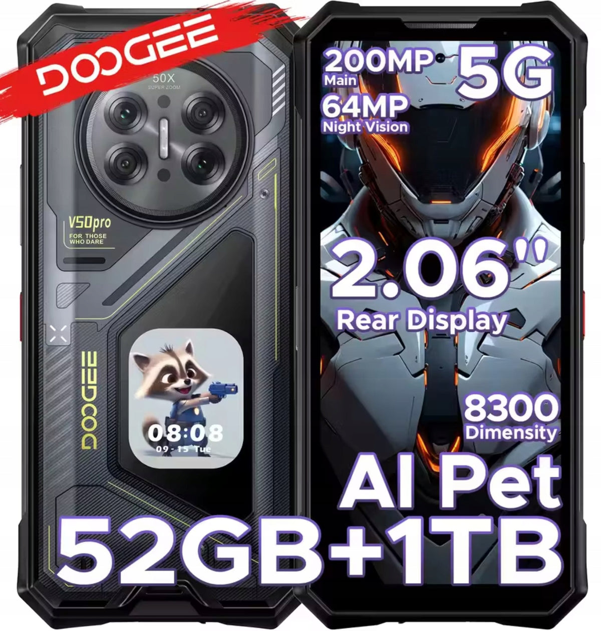 Smartphone DOOGEE V50 PRO 16 GB / 1TB - 5G black Packaging status original