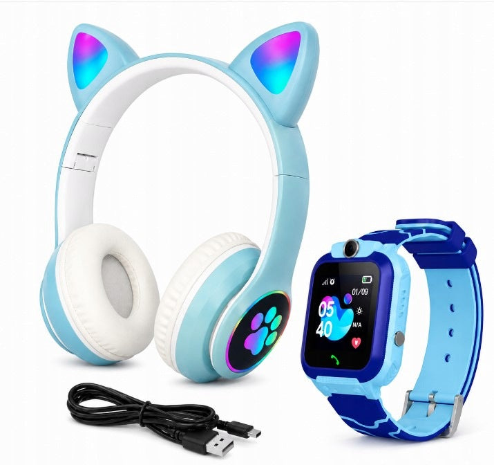 Smartwatch Blue (GPS, Locator, CAMERA) + LED HEADPHONES CAT EARS