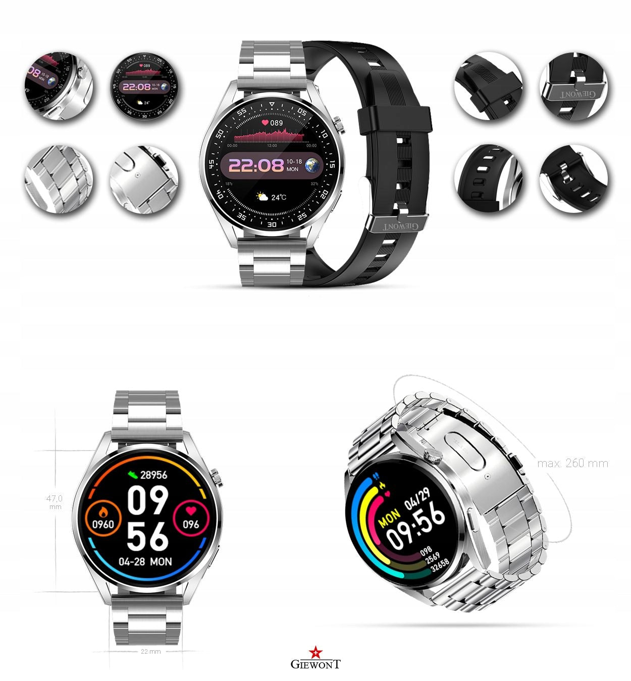 Smartwatch GIEWONT Vertex SmartCall GW450-4 Silver/Carbon Silicone Brand Giewont