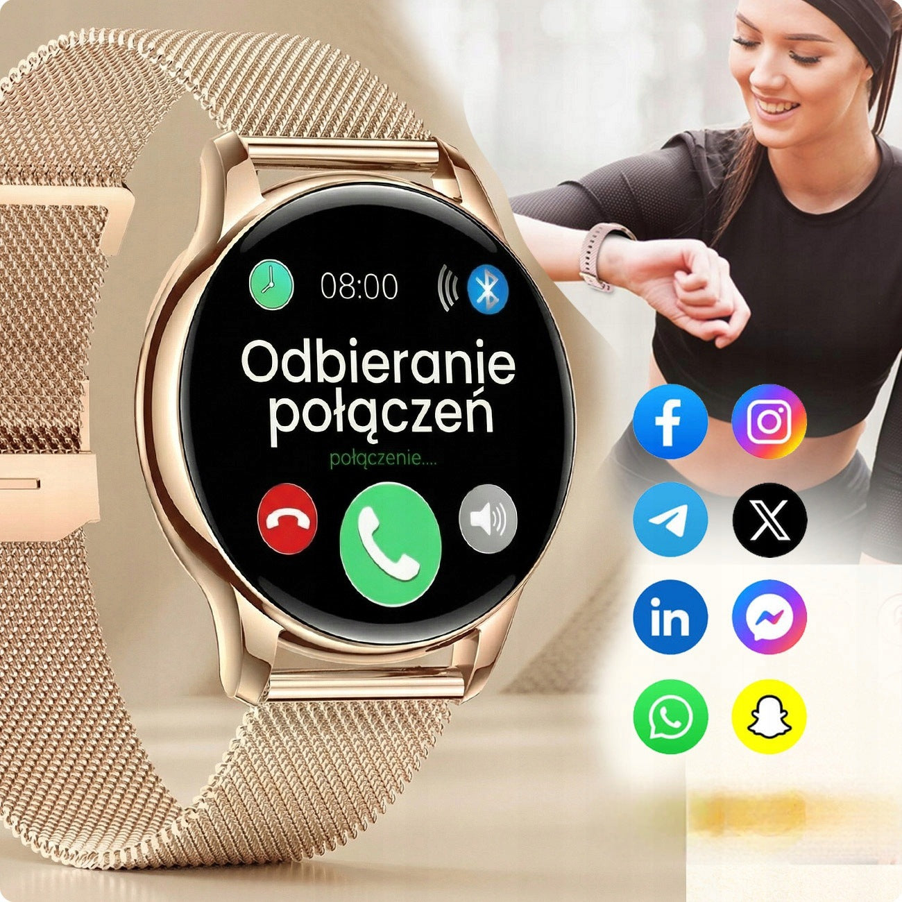 Smartwatch INDYGO I50 MEN'S RUNNING BAND Gold Steel Bracelet Manufacturer code CZUJNIK TĘTNA FITBAND MULTISPORT PREMIUM IP67