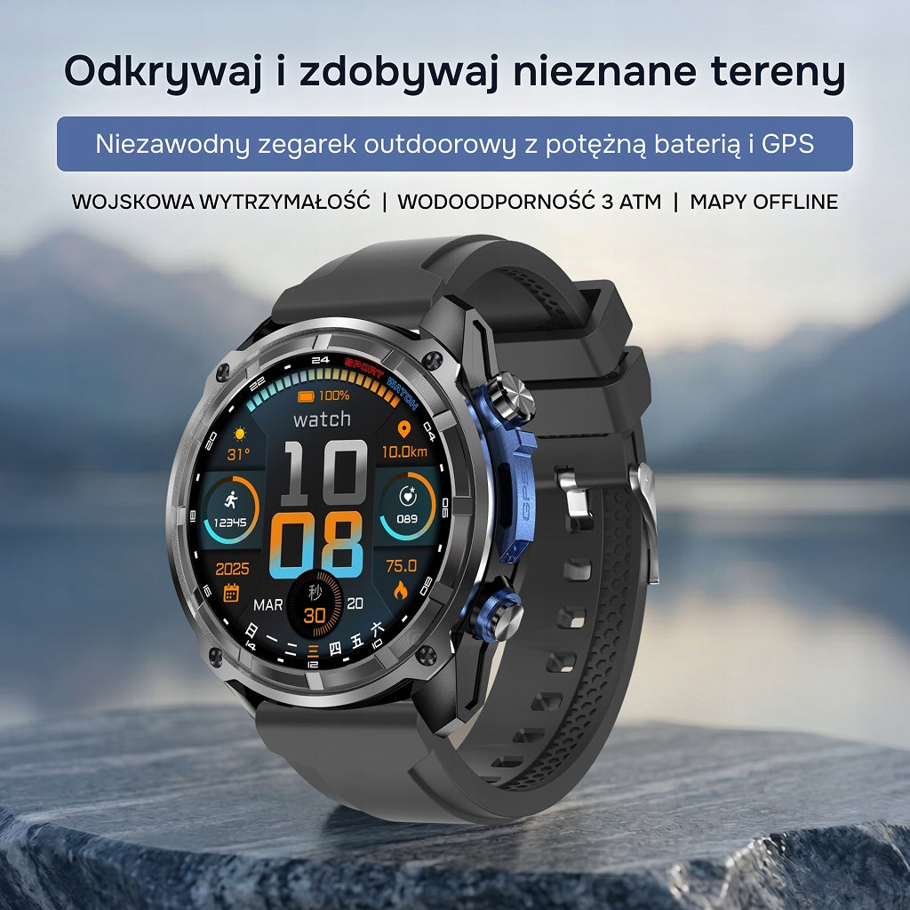 Smartwatch MEN'S BLACK OUTDOOR AMOLED GPS FLASHLIGHT 4GB 860mAh MENU PL PULS Packaging status original