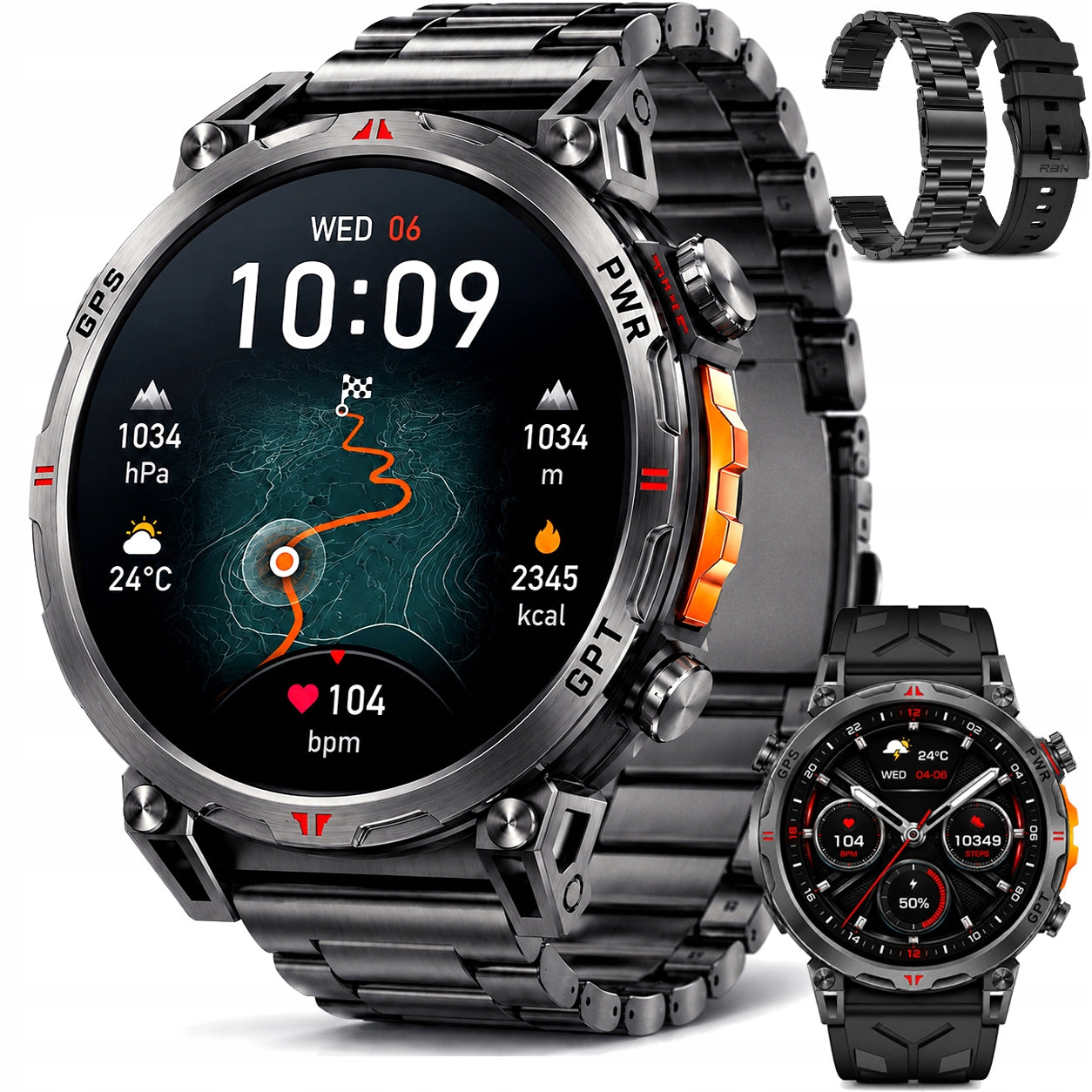 Smartwatch Men's AMOLED GPS BT Call 2 Strips AOD Barometer Compass Rubicon