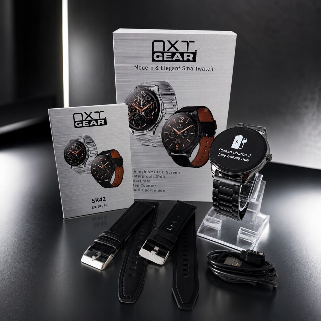 Smartwatch Men's BLACK with bracelet 3 stripes Menu PL AMOLED CONVERSATIONS SMSY Manufacturer code Zegarek Smart watch skórzany pasek