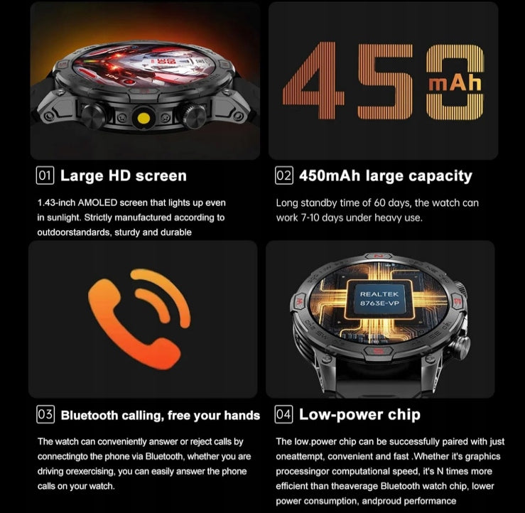 Smartwatch Men's Bluetooth Talk AMOLED Screen 1.43" Battery 60 Days Black Model Smart Watch