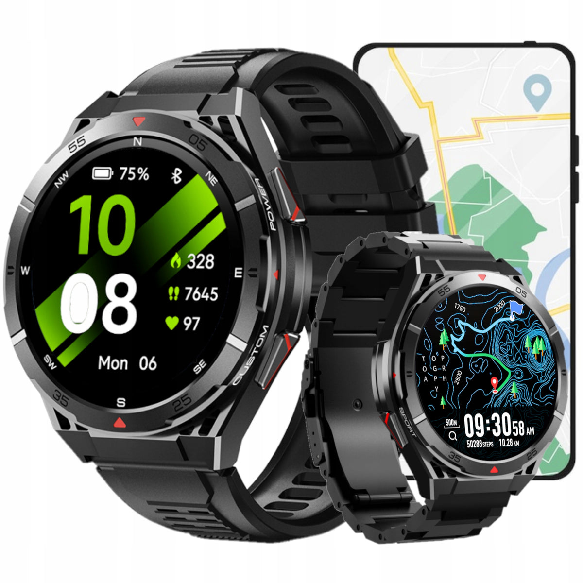 Smartwatch Men's GPS Menu PL Smart watch Talk Compass Barometer | 2 Strips