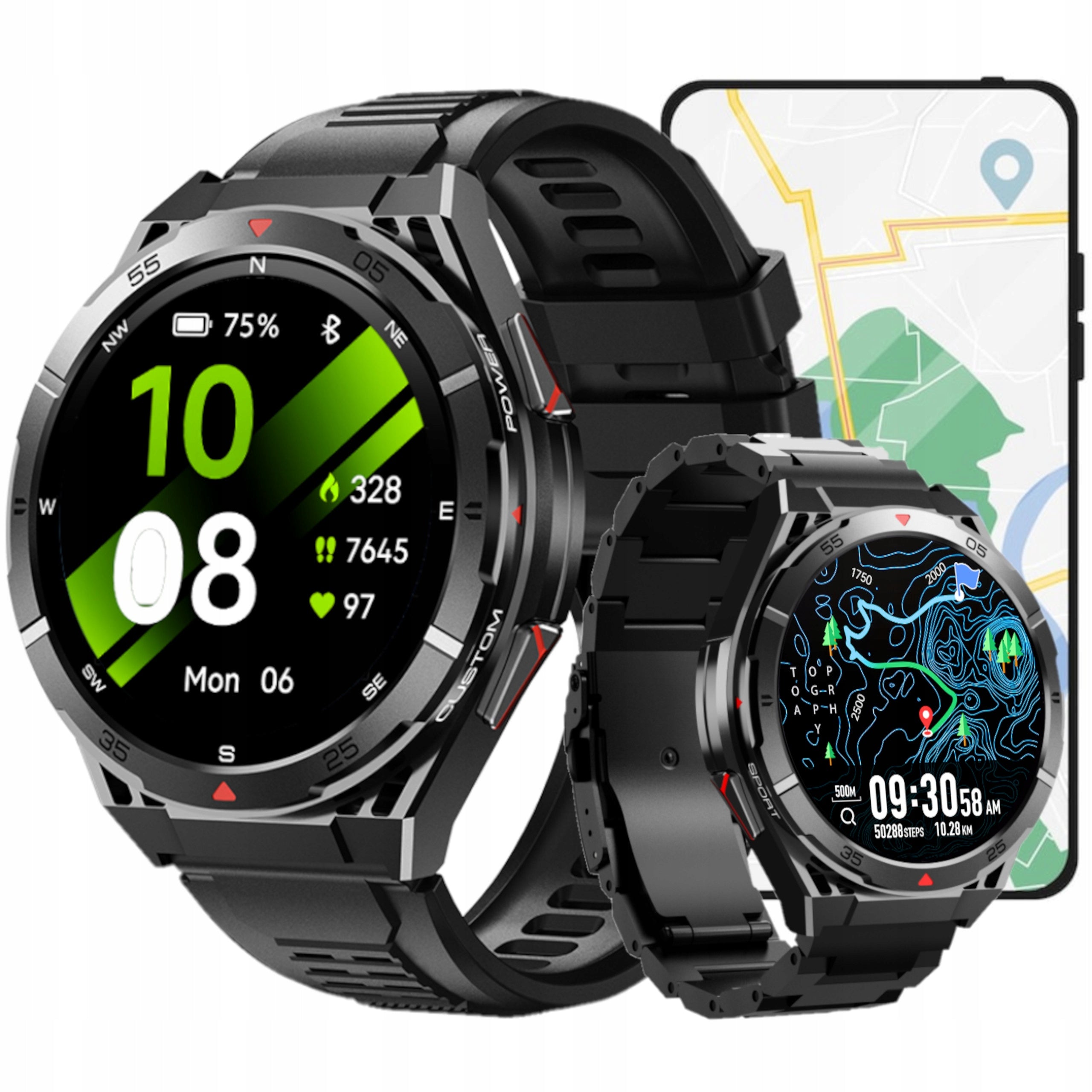 Smartwatch Men's GPS Menu PL Smart watch Talk Compass Barometer | 2 Strips