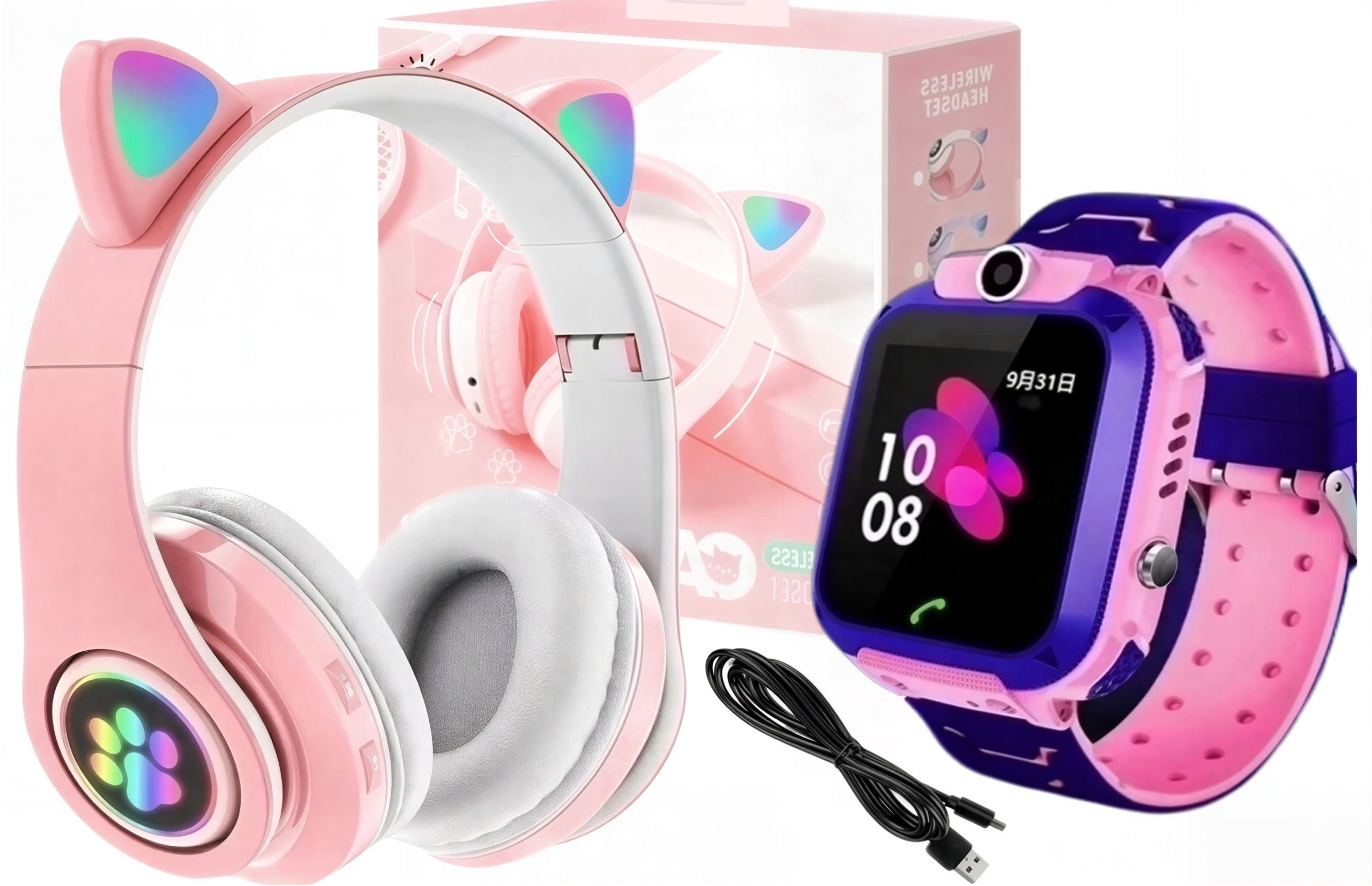 Smartwatch Pink (GPS, Locator, CAMERA) + LED HEADPHONES CAT EARS