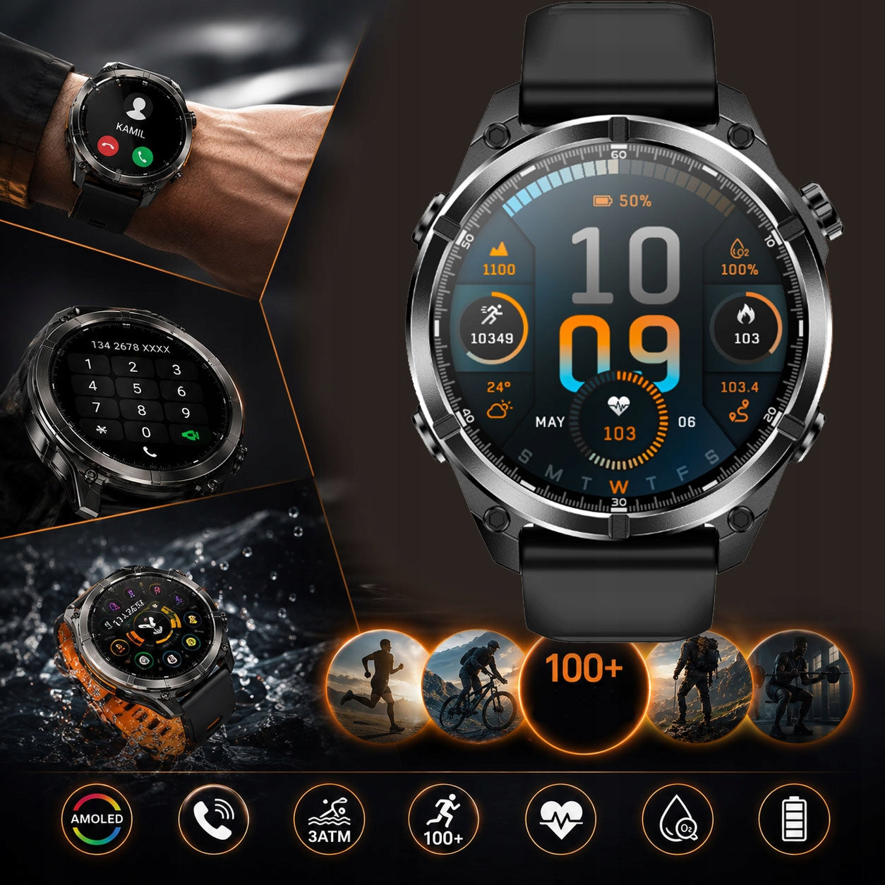 Smartwatch Sports AMOLED Talk BT Compass Barometer Chat AI 3 Straps Brand Rubicon