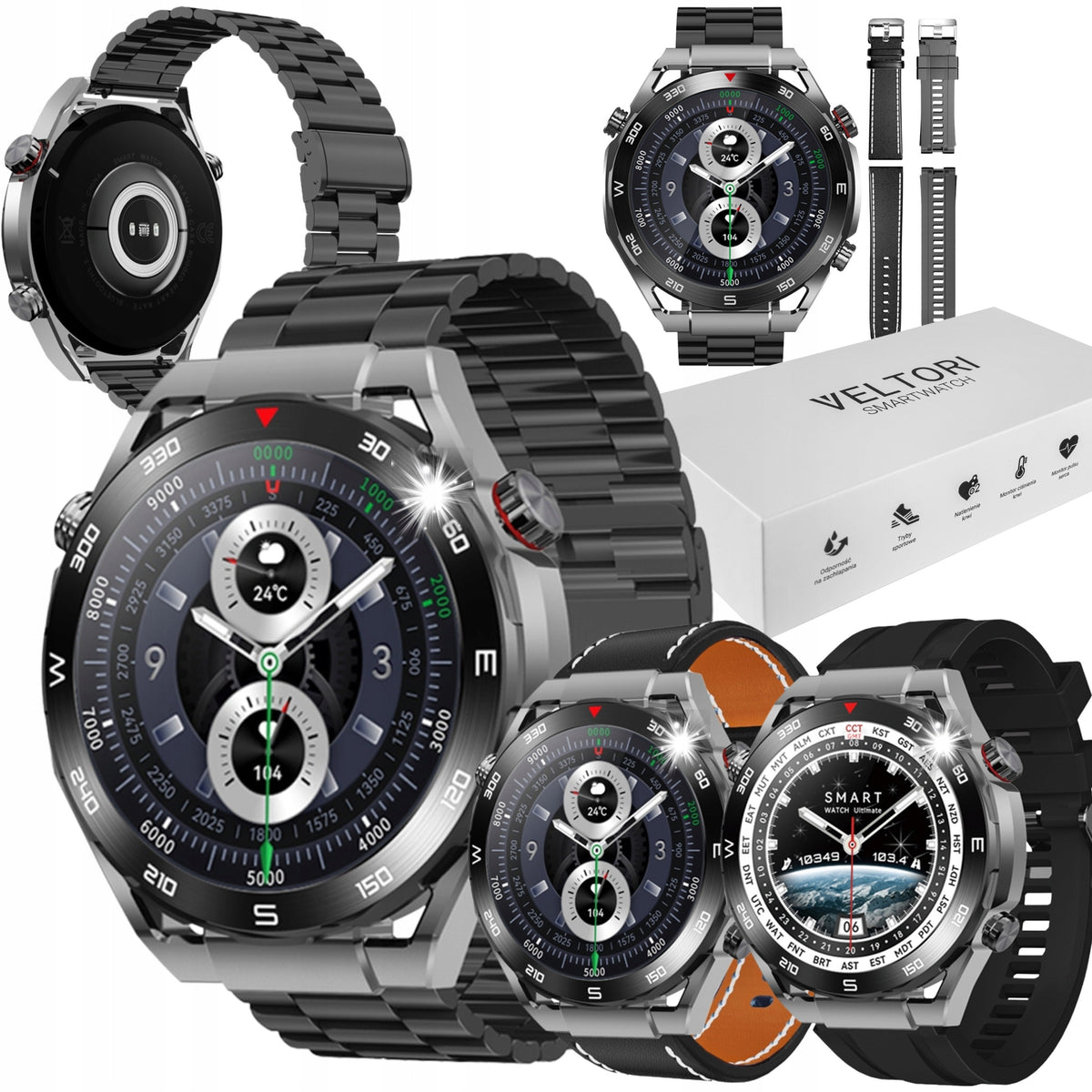 Smartwatch VELTORI VT100-1 Black Silicone Strap Black Eco Leather