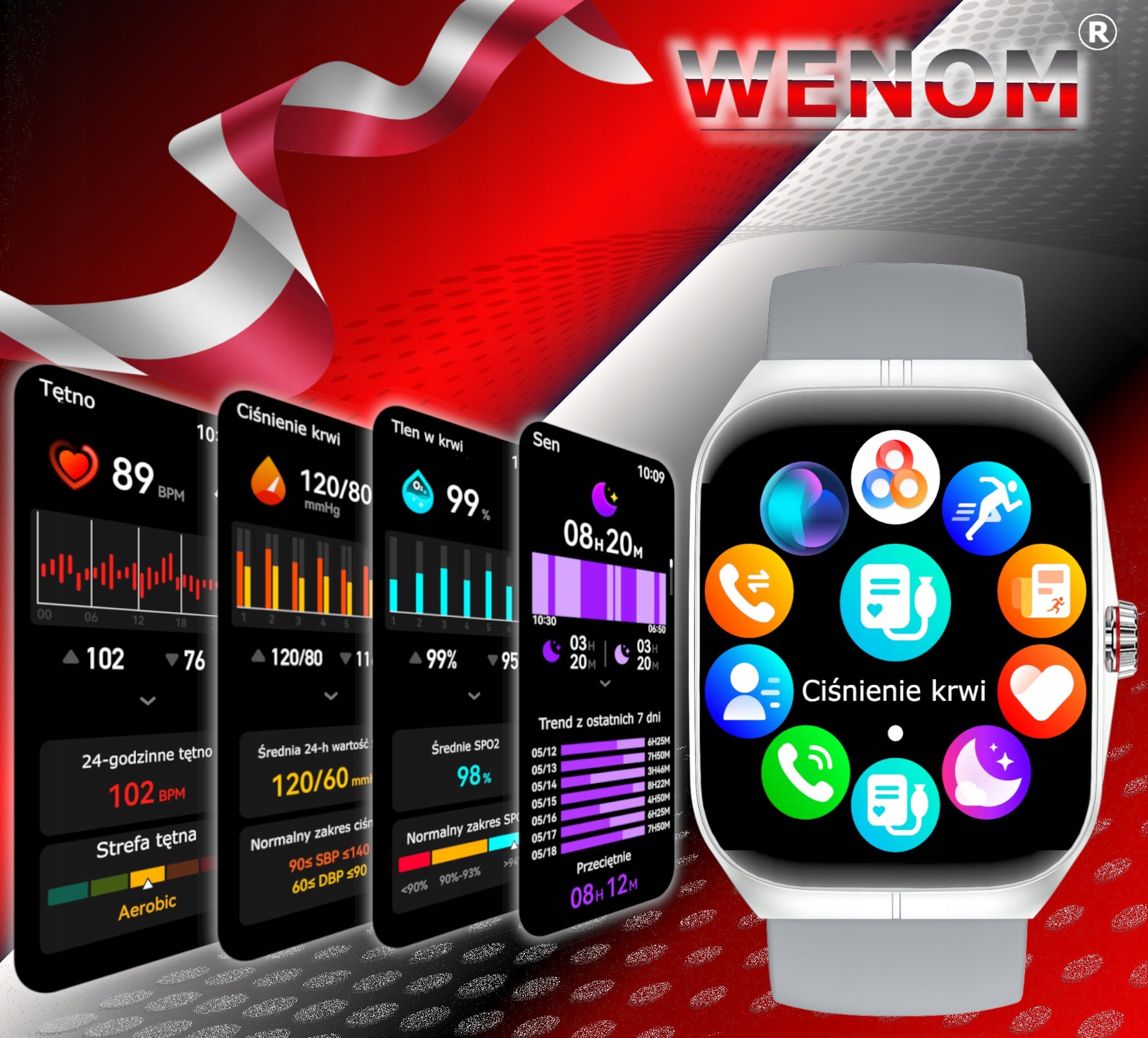 Smartwatch Wenom AMOLED Bluetooth Sports, Waterproof Menu PL Packaging status original