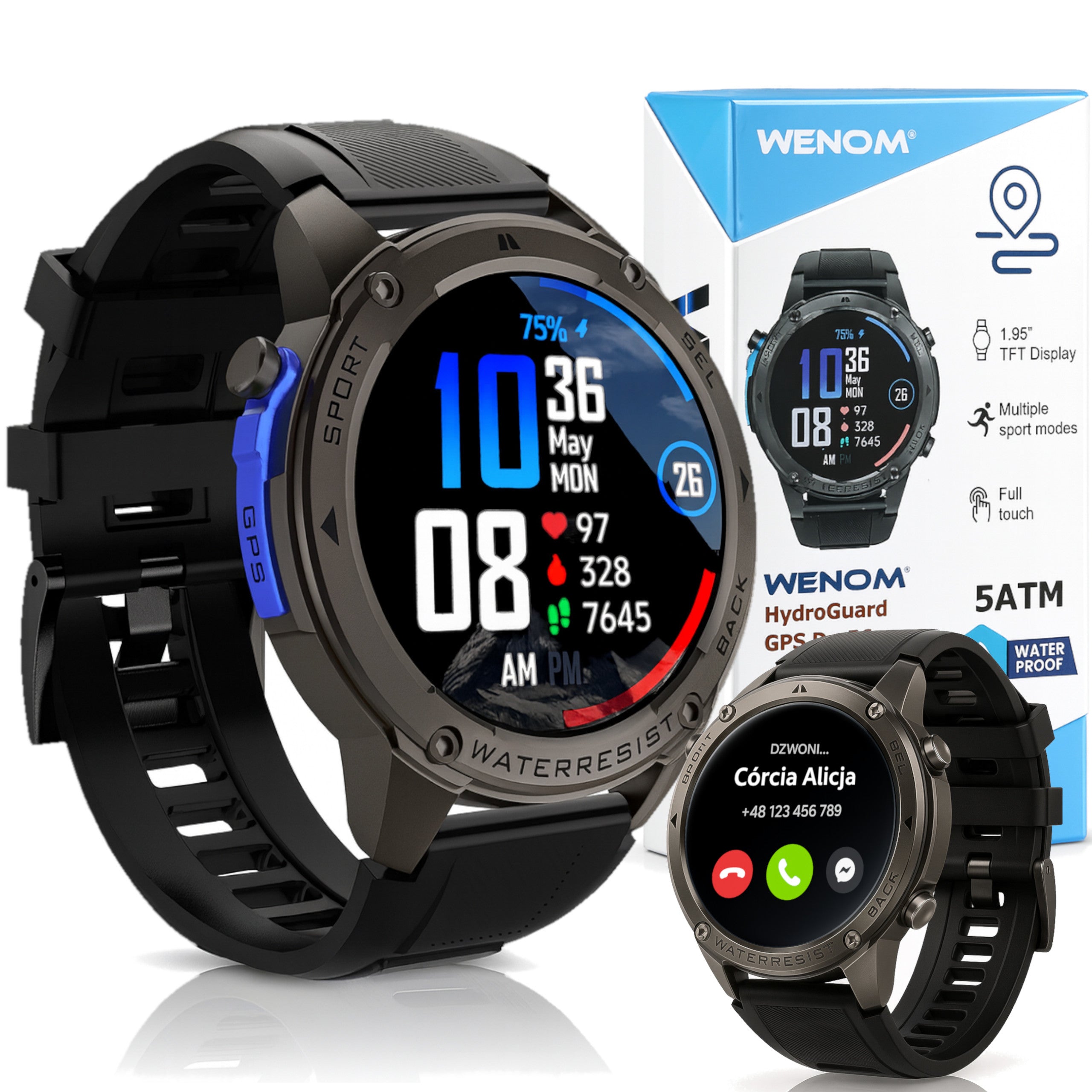 Smartwatch Wenom Sports Men's GPS Waterproof ATM 5 Swimming Heart Rate Talk