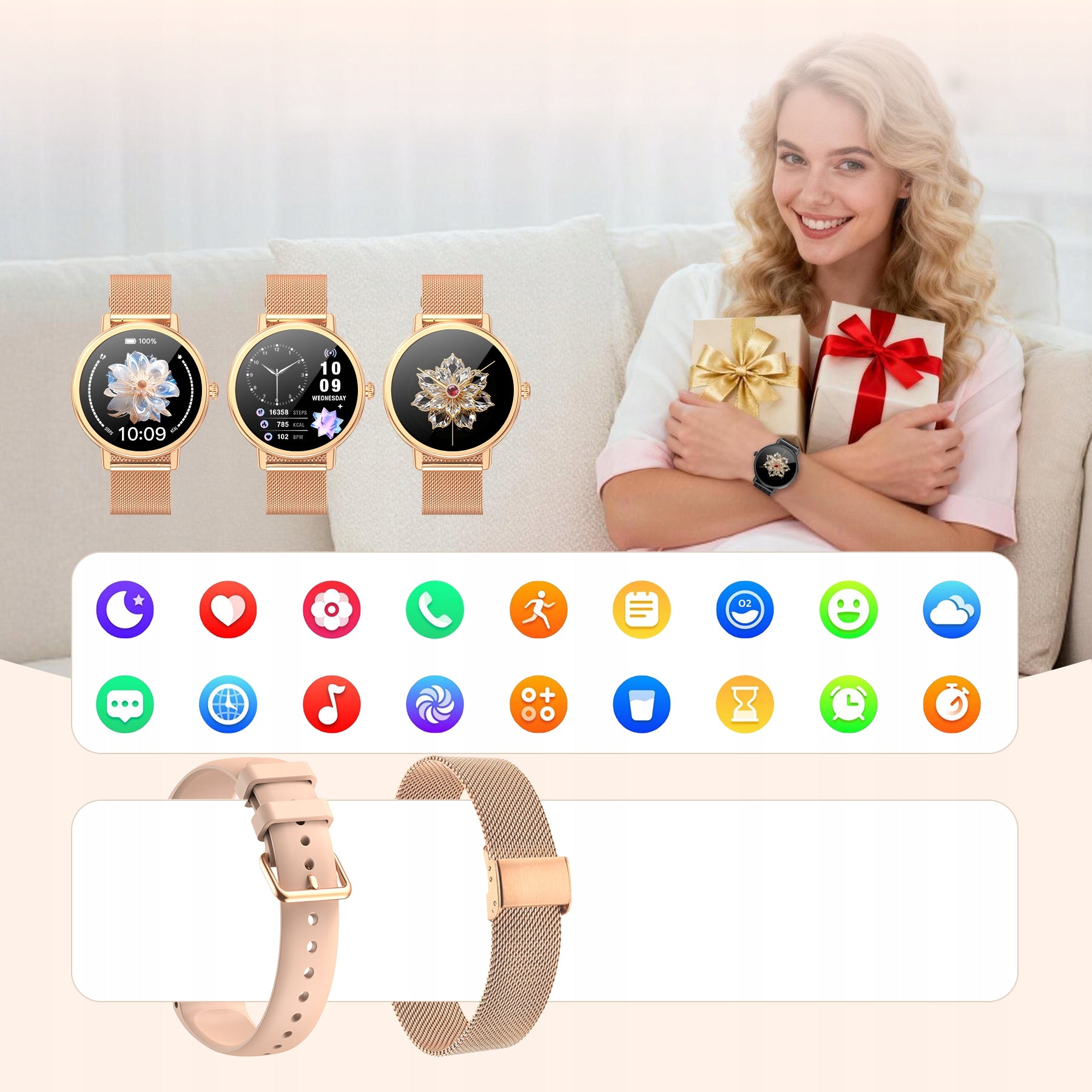 Smartwatch Women's Watch 1.26'' Waterproof Gold Calls Sport Blood Pressure Packaging status original