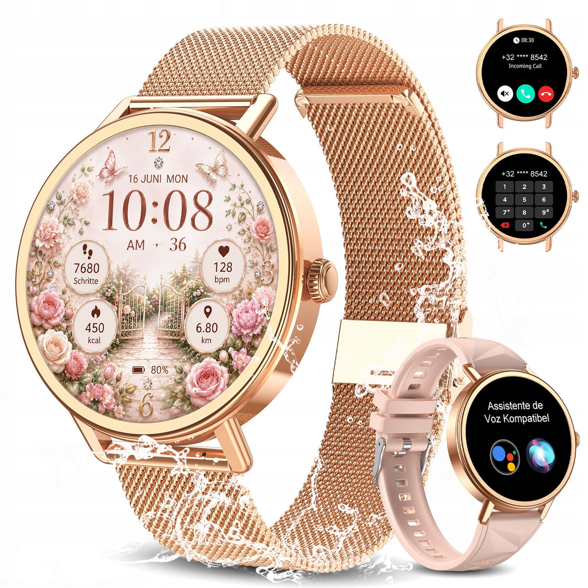 Smartwatch Women's Watch 1.26'' Waterproof Gold Calls Sport Blood Pressure