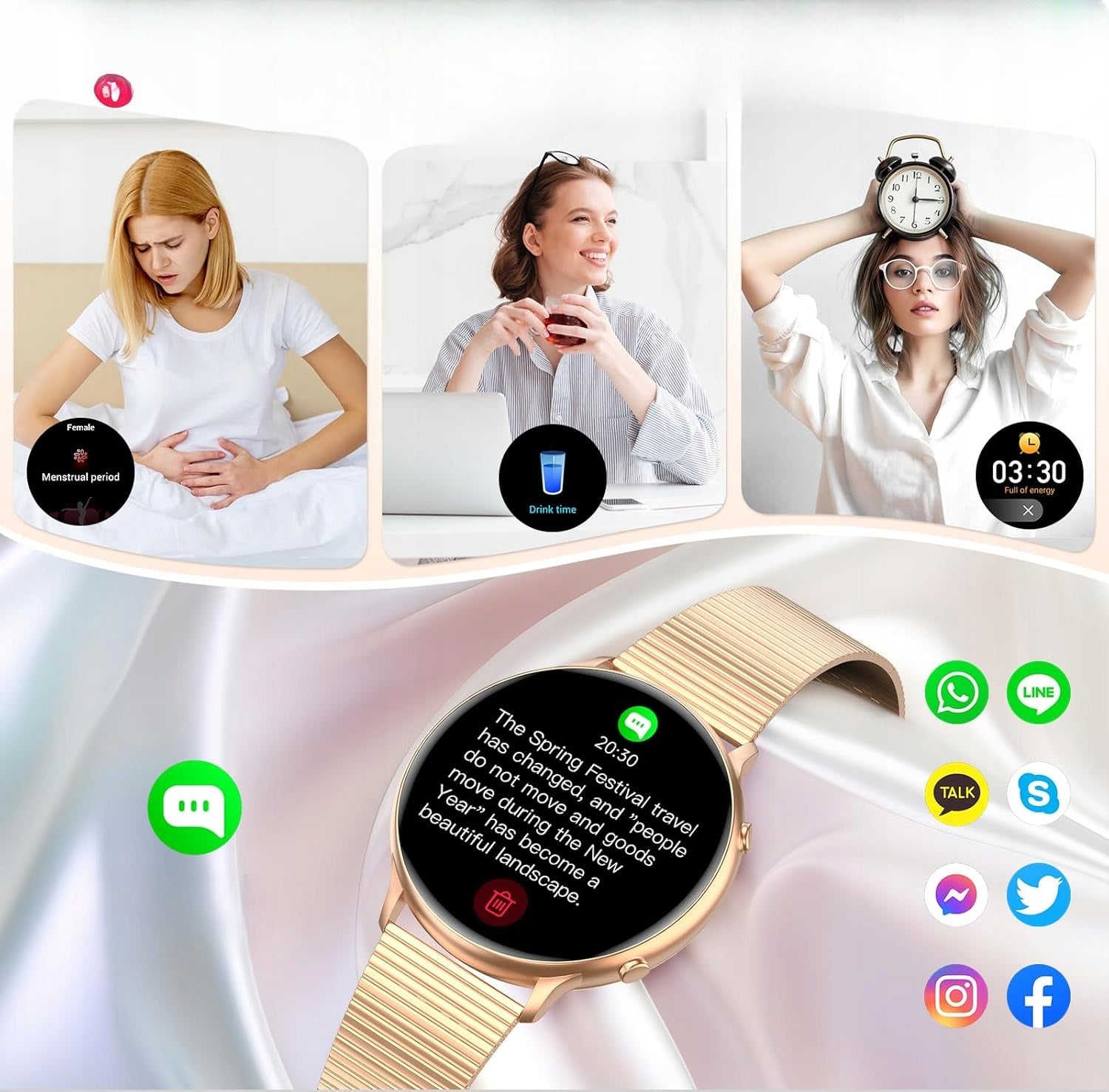 Smartwatch Women's gold pink 1,32" Gold - Conversations, Health Fitness sport Manufacturer code smartwatch-damski-zkcreation-1-32-amoled