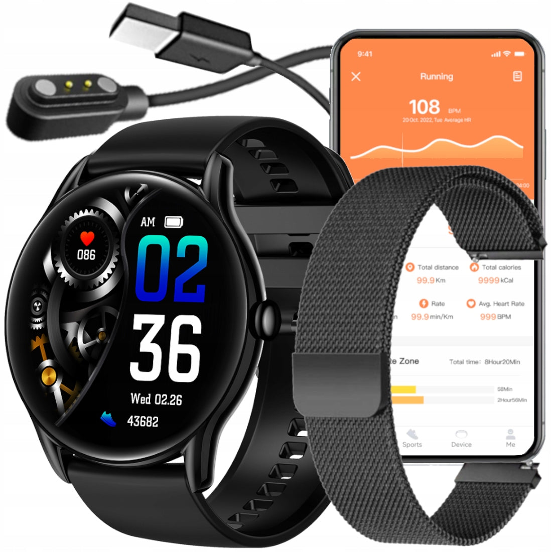 Smartwatch black features NOTIFICATION PULS GAME strap + bracelet