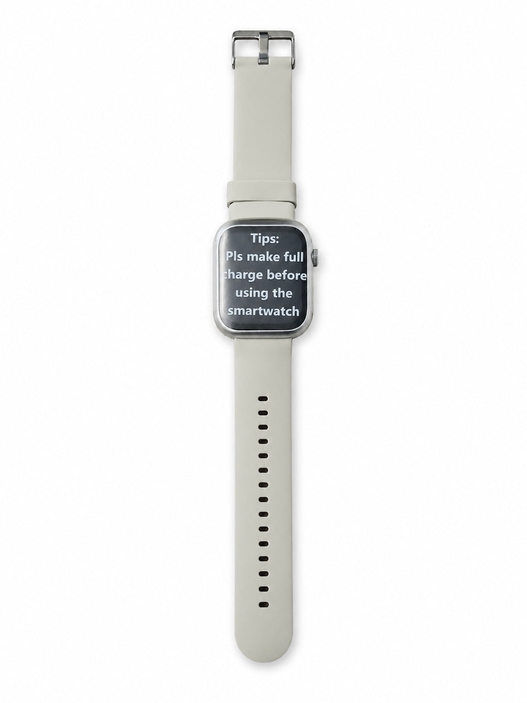 Smartwatch light grey with rectangular screen and charger