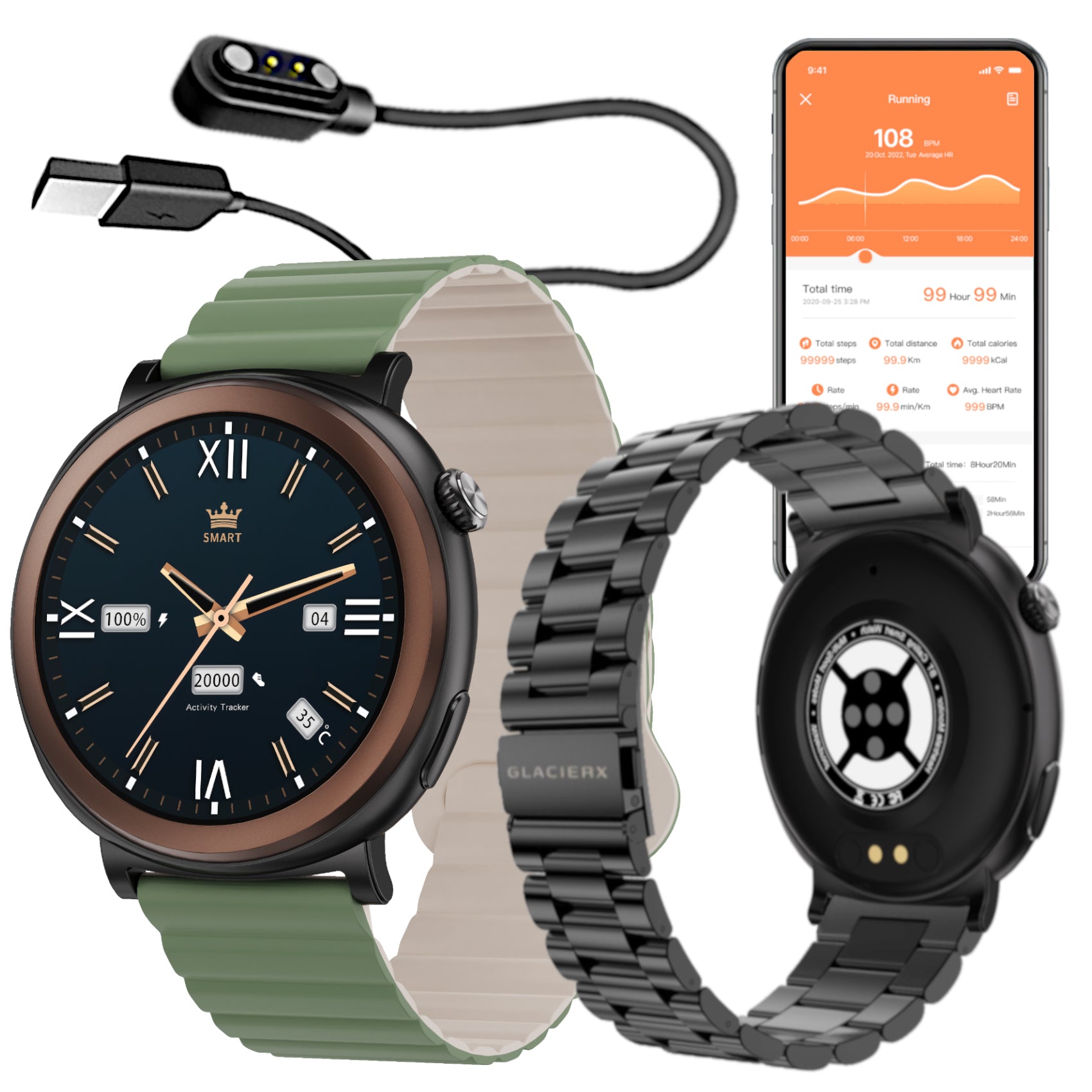 Smartwatch men's sports watch GlacierX Theron Black strap + bracelet